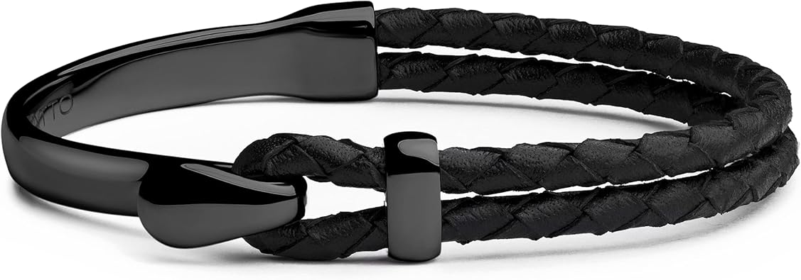 Signature Gold Bracelet for Men | Braided Full-Grain Black Leather with 18k Gold-Plated Stainless Steel Hook Closure | Men’s Designer Jewelry Bracelets