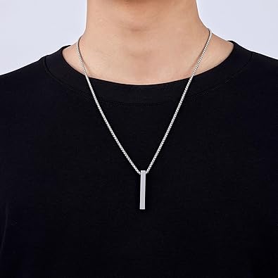 Pendant Necklace for Men, Silver Tone/Gold Plated/Black Mens Penddant Necklaces with 2.5 mm Box Chain, Stainless Steel Bar Chain, 18-28 Inches
