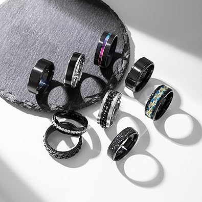 9Pcs Stainless Steel Band Rings for Men Women Cool Fidget Spinning Chain Ring Anxiety Relief Fashion Simple Wedding Engagement Black Ring Set