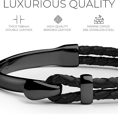 Signature Gold Bracelet for Men | Braided Full-Grain Black Leather with 18k Gold-Plated Stainless Steel Hook Closure | Men’s Designer Jewelry Bracelets