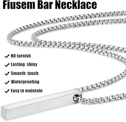 Pendant Necklace for Men, Silver Tone/Gold Plated/Black Mens Penddant Necklaces with 2.5 mm Box Chain, Stainless Steel Bar Chain, 18-28 Inches