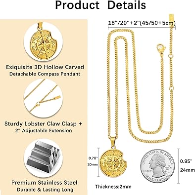 Compass Pendant Necklace for Men, Gold Silver Stainless Steel Mens Compass Necklaces, Stylish Jewelry Gift for Men Him Her