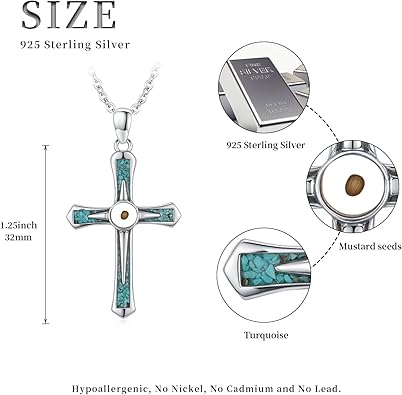Turquoise Cross Necklace for Men Women S925 Sterling Silver Cross Mustard Seed Pendant Necklaces Jewelry Gifts