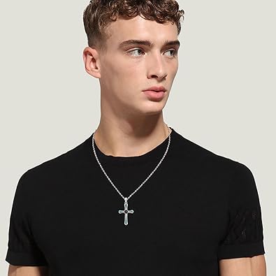 Turquoise Cross Necklace for Men Women S925 Sterling Silver Cross Mustard Seed Pendant Necklaces Jewelry Gifts
