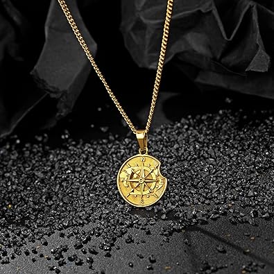 Compass Pendant Necklace for Men, Gold Silver Stainless Steel Mens Compass Necklaces, Stylish Jewelry Gift for Men Him Her