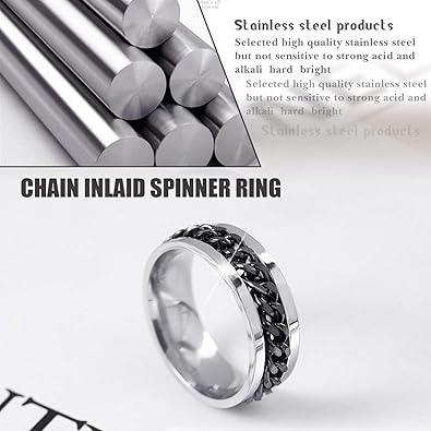 9Pcs Stainless Steel Band Rings for Men Women Cool Fidget Spinning Chain Ring Anxiety Relief Fashion Simple Wedding Engagement Black Ring Set