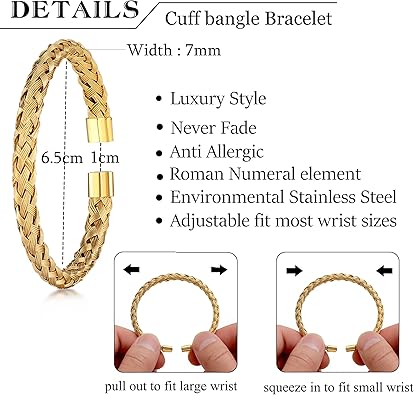 3PCS Stainless Steel Bracelets for Men Gold Roman Numeral Bangle Bracelet Twisted Cable Bracelet Adjustable Cuff Bracelet Mens Luxury Jewelry Bracelets Gifts