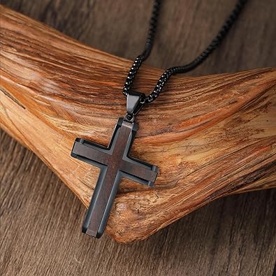Wooden Cross Necklace for Men, Hand Polished Ebony Inset In Black Stainless Steel Christian Mens Cross Pendant Wood, 24" Round Box Chain