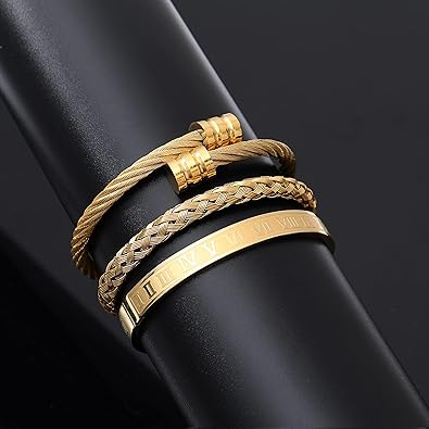 3PCS Stainless Steel Bracelets for Men Gold Roman Numeral Bangle Bracelet Twisted Cable Bracelet Adjustable Cuff Bracelet Mens Luxury Jewelry Bracelets Gifts