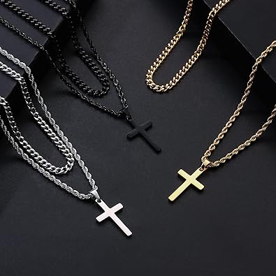 Cross Necklace for Men, Gold Black Silver Mens Cross Necklaces Stainless Steel Cross Pendant Necklace Simple Jewelry Gifts Cross Chain Necklace for Men