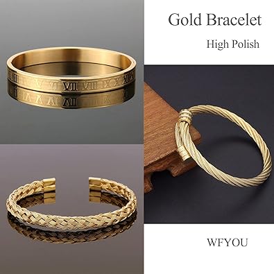 3PCS Stainless Steel Bracelets for Men Gold Roman Numeral Bangle Bracelet Twisted Cable Bracelet Adjustable Cuff Bracelet Mens Luxury Jewelry Bracelets Gifts