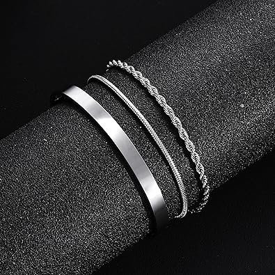 3 Pcs Chain Braclet for Men, Dainty Stackable Sterling Silver Bracelet for Men Non Tanish Simple Cuff Snake Rope Link Chain Bangle Bracelet Set for Mens Jewelry 6.5/7/7.5/8/8.5/9 Inches