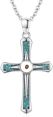 Turquoise Cross Necklace for Men Women S925 Sterling Silver Cross Mustard Seed Pendant Necklaces Jewelry Gifts