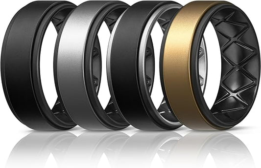 Silicone Rings for Men 1/4/5/6/7 Multipack of Breathable Mens Silicone Rubber Wedding Rings Bands - Step Edge