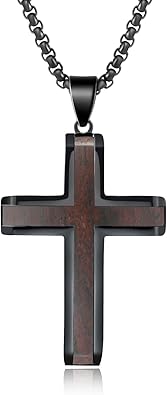 Wooden Cross Necklace for Men, Hand Polished Ebony Inset In Black Stainless Steel Christian Mens Cross Pendant Wood, 24" Round Box Chain