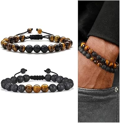 Natural Stone Bracelets for Men - 8mm Tiger Eye, Matte Agate, Lava Rock - Teen Boys Gifts for Birthday, Anniversary, Christmas