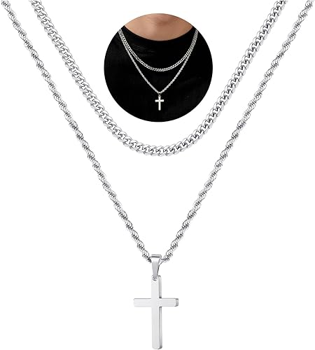 Cross Necklace for Men, Gold Black Silver Mens Cross Necklaces Stainless Steel Cross Pendant Necklace Simple Jewelry Gifts Cross Chain Necklace for Men