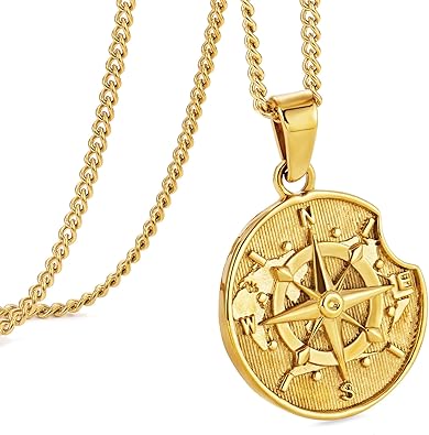 Compass Pendant Necklace for Men, Gold Silver Stainless Steel Mens Compass Necklaces, Stylish Jewelry Gift for Men Him Her