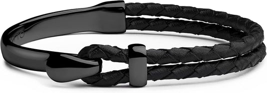 Signature Gold Bracelet for Men | Braided Full-Grain Black Leather with 18k Gold-Plated Stainless Steel Hook Closure | Men’s Designer Jewelry Bracelets