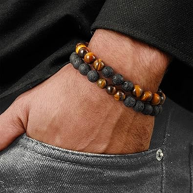 Natural Stone Bracelets for Men - 8mm Tiger Eye, Matte Agate, Lava Rock - Teen Boys Gifts for Birthday, Anniversary, Christmas