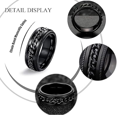 9Pcs Stainless Steel Band Rings for Men Women Cool Fidget Spinning Chain Ring Anxiety Relief Fashion Simple Wedding Engagement Black Ring Set