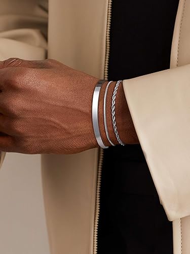 3 Pcs Chain Braclet for Men, Dainty Stackable Sterling Silver Bracelet for Men Non Tanish Simple Cuff Snake Rope Link Chain Bangle Bracelet Set for Mens Jewelry 6.5/7/7.5/8/8.5/9 Inches