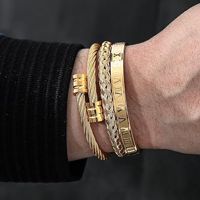 3PCS Stainless Steel Bracelets for Men Gold Roman Numeral Bangle Bracelet Twisted Cable Bracelet Adjustable Cuff Bracelet Mens Luxury Jewelry Bracelets Gifts