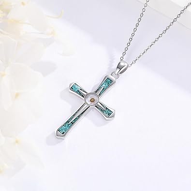 Turquoise Cross Necklace for Men Women S925 Sterling Silver Cross Mustard Seed Pendant Necklaces Jewelry Gifts