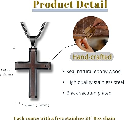 Wooden Cross Necklace for Men, Hand Polished Ebony Inset In Black Stainless Steel Christian Mens Cross Pendant Wood, 24" Round Box Chain