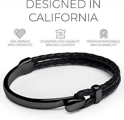 Signature Gold Bracelet for Men | Braided Full-Grain Black Leather with 18k Gold-Plated Stainless Steel Hook Closure | Men’s Designer Jewelry Bracelets