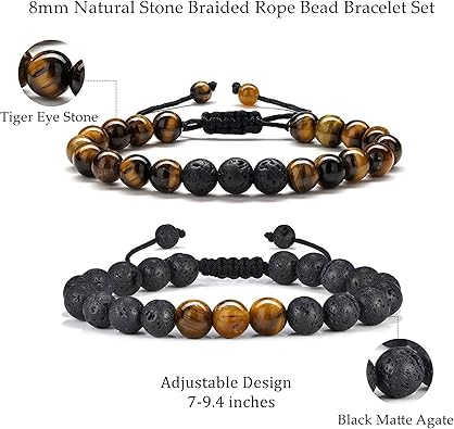Natural Stone Bracelets for Men - 8mm Tiger Eye, Matte Agate, Lava Rock - Teen Boys Gifts for Birthday, Anniversary, Christmas
