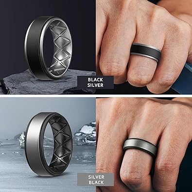 Silicone Rings for Men 1/4/5/6/7 Multipack of Breathable Mens Silicone Rubber Wedding Rings Bands - Step Edge