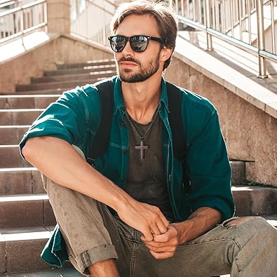 Wooden Cross Necklace for Men, Hand Polished Ebony Inset In Black Stainless Steel Christian Mens Cross Pendant Wood, 24" Round Box Chain