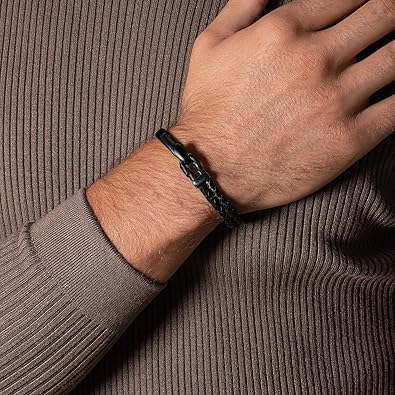 Signature Gold Bracelet for Men | Braided Full-Grain Black Leather with 18k Gold-Plated Stainless Steel Hook Closure | Men’s Designer Jewelry Bracelets