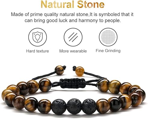 Natural Stone Bracelets for Men - 8mm Tiger Eye, Matte Agate, Lava Rock - Teen Boys Gifts for Birthday, Anniversary, Christmas