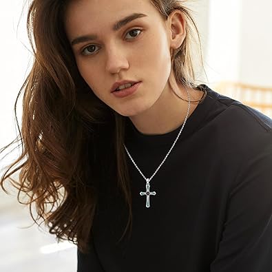Turquoise Cross Necklace for Men Women S925 Sterling Silver Cross Mustard Seed Pendant Necklaces Jewelry Gifts