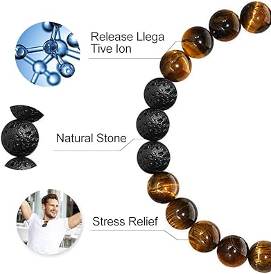 Natural Stone Bracelets for Men - 8mm Tiger Eye, Matte Agate, Lava Rock - Teen Boys Gifts for Birthday, Anniversary, Christmas