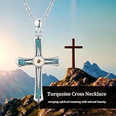 Turquoise Cross Necklace for Men Women S925 Sterling Silver Cross Mustard Seed Pendant Necklaces Jewelry Gifts