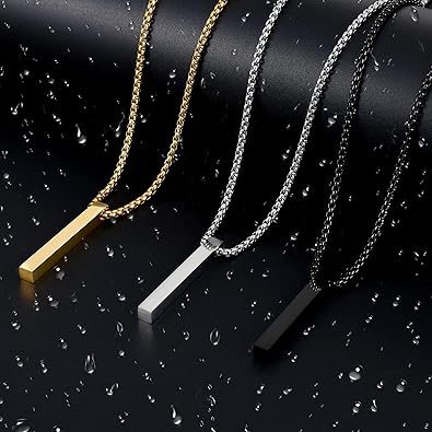 Pendant Necklace for Men, Silver Tone/Gold Plated/Black Mens Penddant Necklaces with 2.5 mm Box Chain, Stainless Steel Bar Chain, 18-28 Inches